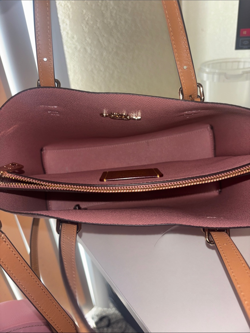 Coach Mollie Pink Signature Tote with Tan Leather Handles - Picture 3 of 5